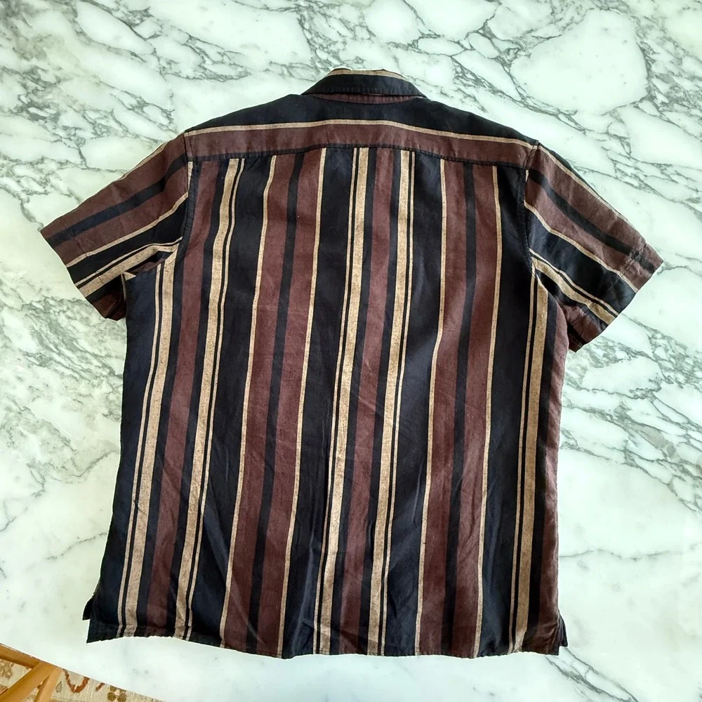 Banana Republic Mens Large Brown Striped Short Sleeve Camp Collar Button Down LG